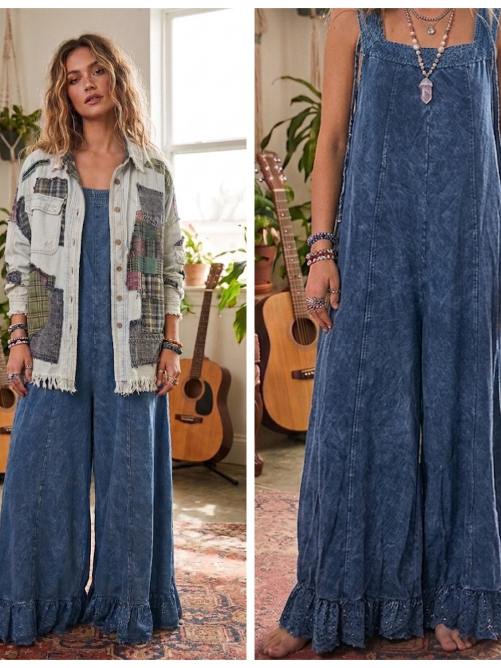 Washed Indigo Eyelit Hem Wide-Leg Jumpsuit - Blue - Picture 2 of 10